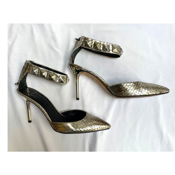 Brian Atwood Mercada Metallic Silver Leather Snake Stud Ankle Strap Heels, 6.5 - Picture 3 of 7
